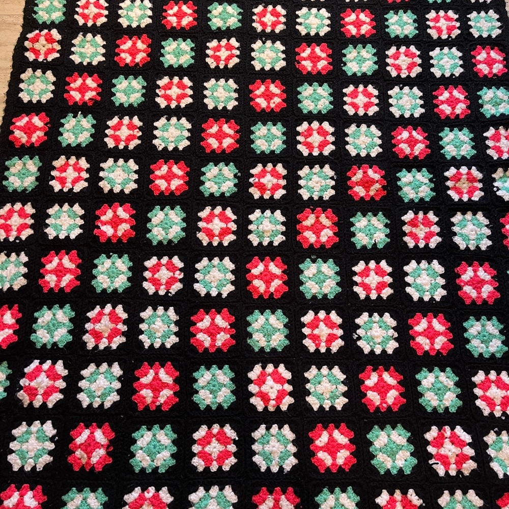 granny square afghan | vintage handmade crochet throw blanket retro black…